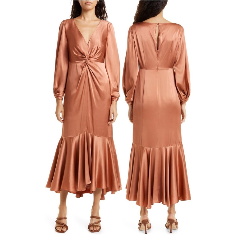 Cinq a Sept Bronze Velda Long Sleeve Silk Dress Size 2